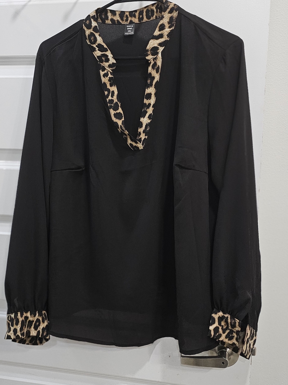 SHEIN Black Blouse with Leopard Trim